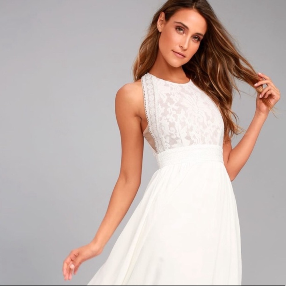 Lulus forever and always white lace maxi dress